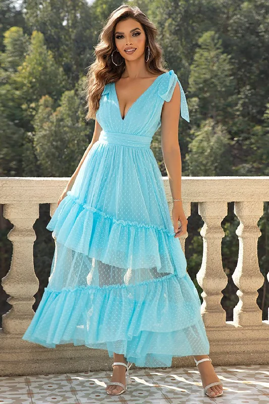 "A - line dresses for women to flatter the figure"Sky Blue A-Line V Neck Tulle Prom Dress with Ruffles "A - line dresses for women to flatter the figure"Sky Blue A-Line V Neck Tulle Prom Dress with Ruffles