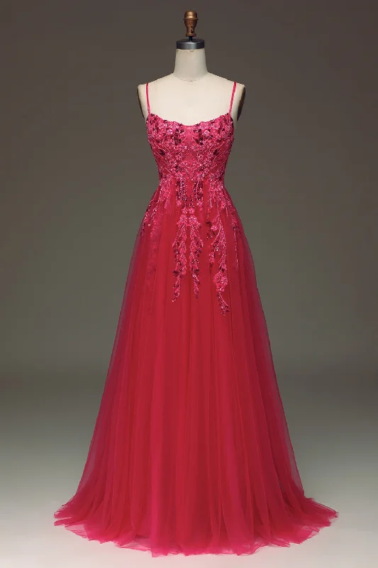 "Ruffled dresses for women for added femininity"Spaghetti Straps A Line Red Prom Dress with Appliques "Ruffled dresses for women for added femininity"Spaghetti Straps A Line Red Prom Dress with Appliques