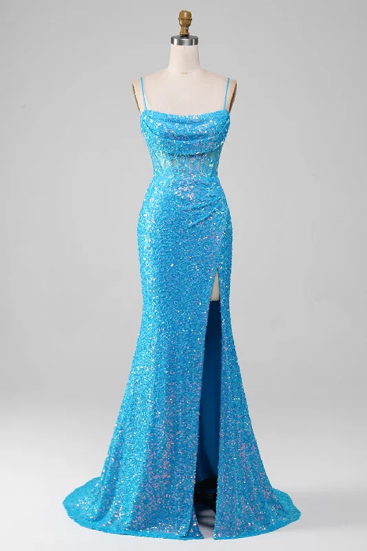 "Stylish cocktail dresses for women on a budget"Spaghetti Straps Blue Sparkly Corset Prom Dress with Slit "Stylish cocktail dresses for women on a budget"Spaghetti Straps Blue Sparkly Corset Prom Dress with Slit