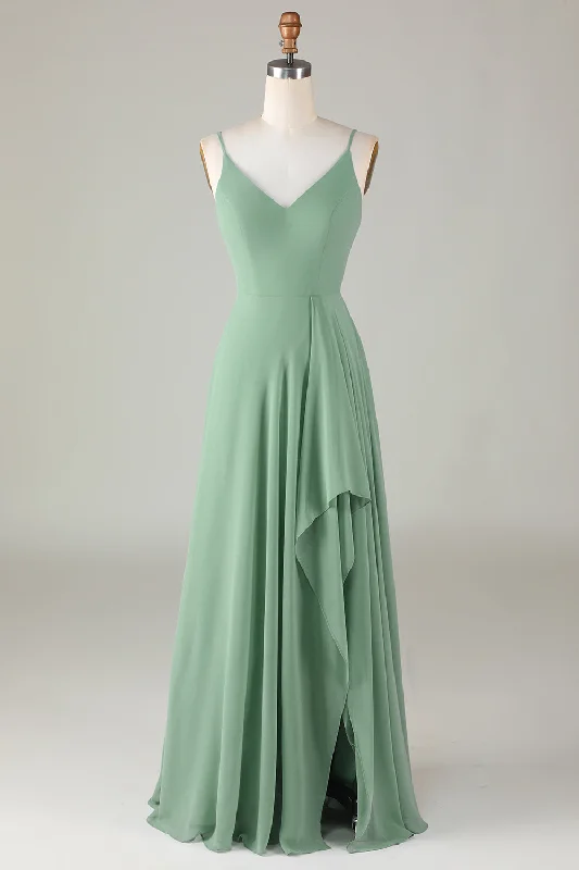 "Vintage - look women's dresses for a retro charm"Spaghetti Straps Matcha Long Bridesmaid Dress with Ruffles "Vintage - look women's dresses for a retro charm"Spaghetti Straps Matcha Long Bridesmaid Dress with Ruffles
