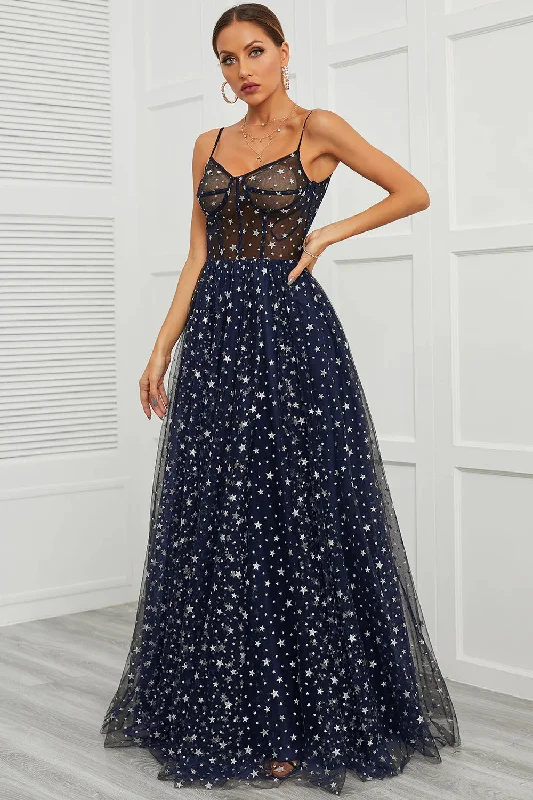 "Mermaid - style wedding dresses for women for a dramatic look"Spaghetti Straps Navy Long Prom Dress with Star "Mermaid - style wedding dresses for women for a dramatic look"Spaghetti Straps Navy Long Prom Dress with Star