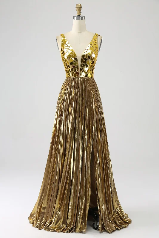 "Lace dresses for women for a romantic and elegant look"Sparkly A Line Deep V-Neck Golden Long Prom Dress with Split Front "Lace dresses for women for a romantic and elegant look"Sparkly A Line Deep V-Neck Golden Long Prom Dress with Split Front
