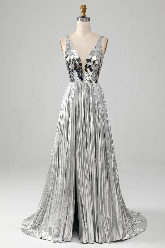 "Stylish cocktail dresses for women on a budget"Sparkly A-Line V-Neck Silver Prom Dress with Slit "Stylish cocktail dresses for women on a budget"Sparkly A-Line V-Neck Silver Prom Dress with Slit