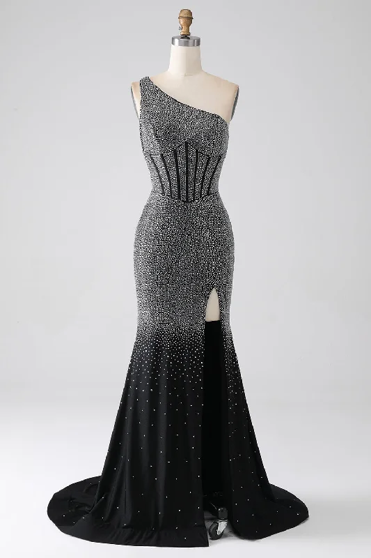 "Beaded dresses for women for a glamorous look"Sparkly Black Mermaid One Shoulder Corset Prom Dress "Beaded dresses for women for a glamorous look"Sparkly Black Mermaid One Shoulder Corset Prom Dress