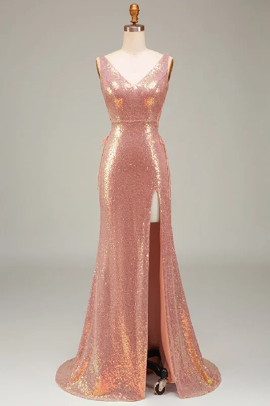 "Elegant wedding guest dresses for women under $100"Sparkly Blush Mermaid Prom Dress with Slit "Elegant wedding guest dresses for women under $100"Sparkly Blush Mermaid Prom Dress with Slit
