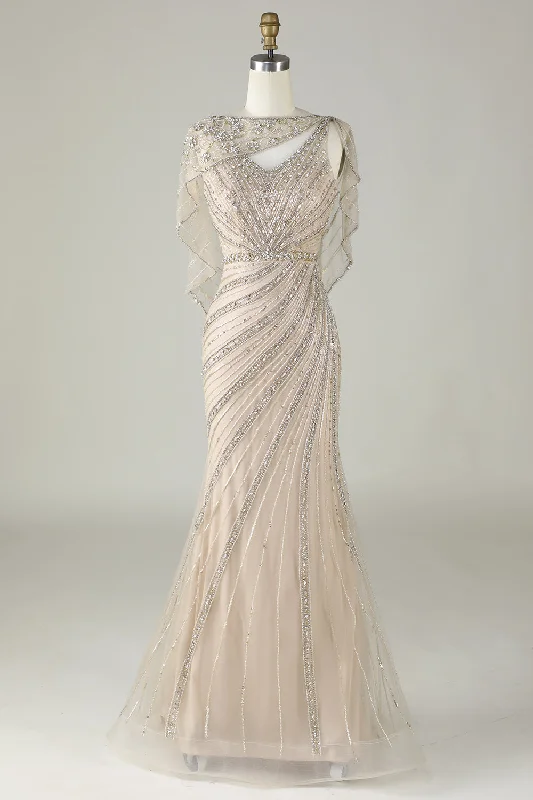 "Beach wedding dresses for women for a laid - back ceremony"Sparkly Champagne Beaded Mermaid Long Prom Dress with Wrap "Beach wedding dresses for women for a laid - back ceremony"Sparkly Champagne Beaded Mermaid Long Prom Dress with Wrap