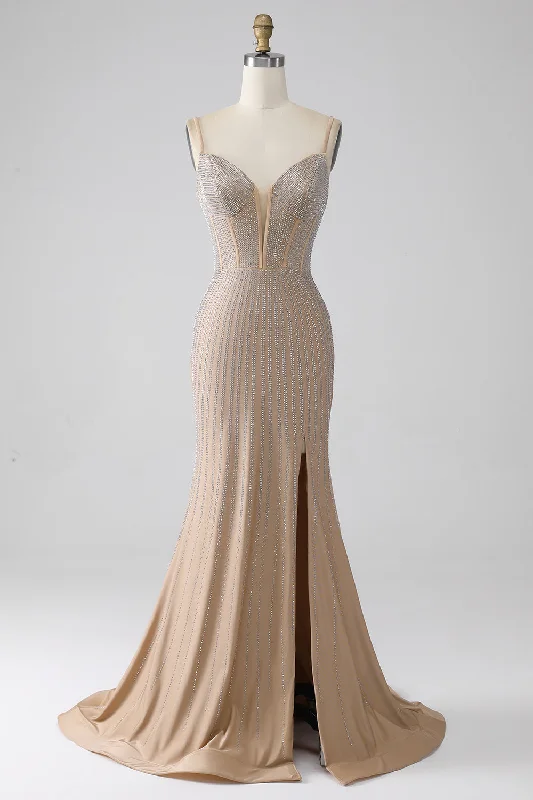 "Denim dresses for women for a casual and cool style"Sparkly Champagne Mermaid Spaghetti Straps Long Prom Dress with Slit "Denim dresses for women for a casual and cool style"Sparkly Champagne Mermaid Spaghetti Straps Long Prom Dress with Slit