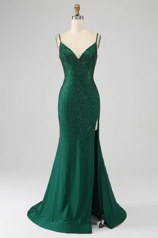"Animal print dresses for women who love bold styles"Sparkly Dark Green Beaded Long Mermaid Prom Dress with Slit "Animal print dresses for women who love bold styles"Sparkly Dark Green Beaded Long Mermaid Prom Dress with Slit