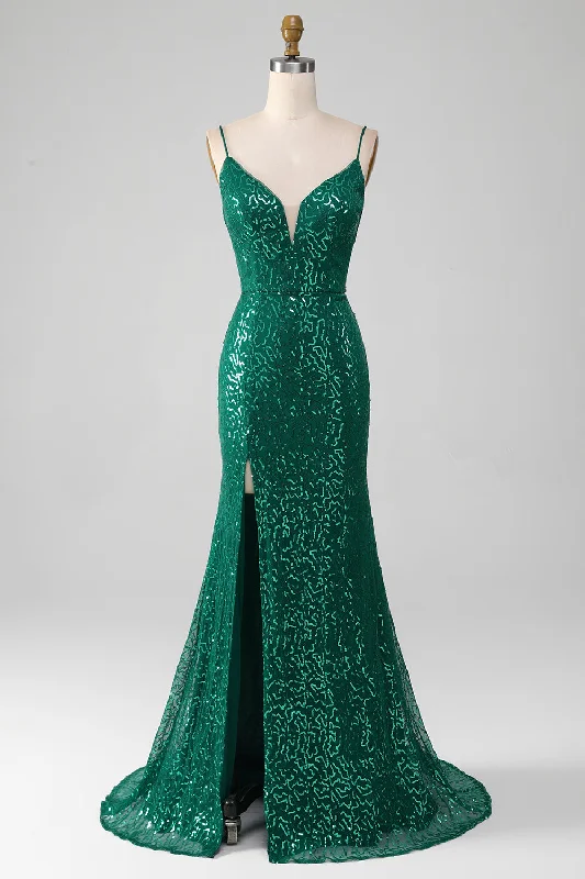 "Sequined dresses for women to shine at parties"Sparkly Dark Green Beaded Sequins Long Prom Dress with Slit "Sequined dresses for women to shine at parties"Sparkly Dark Green Beaded Sequins Long Prom Dress with Slit