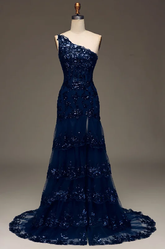 "Short dresses for women for a night out clubbing"Sparkly Dark Navy Tiered Lace One Shoulder Long Prom Dress with Slit "Short dresses for women for a night out clubbing"Sparkly Dark Navy Tiered Lace One Shoulder Long Prom Dress with Slit