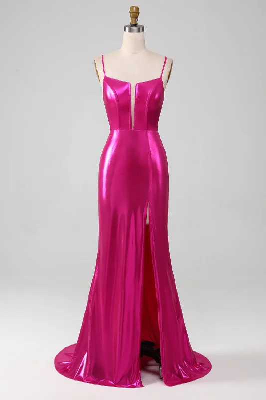 "Bodycon dresses for women to show off curves"Sparkly Hot Pink Mermaid Simple Prom Dress With Slit "Bodycon dresses for women to show off curves"Sparkly Hot Pink Mermaid Simple Prom Dress With Slit