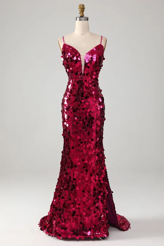 "Red dresses for women to make a bold statement"Sparkly Mermaid Spaghetti Straps Fuchsia Sequins Long Prom Dress with Slit "Red dresses for women to make a bold statement"Sparkly Mermaid Spaghetti Straps Fuchsia Sequins Long Prom Dress with Slit