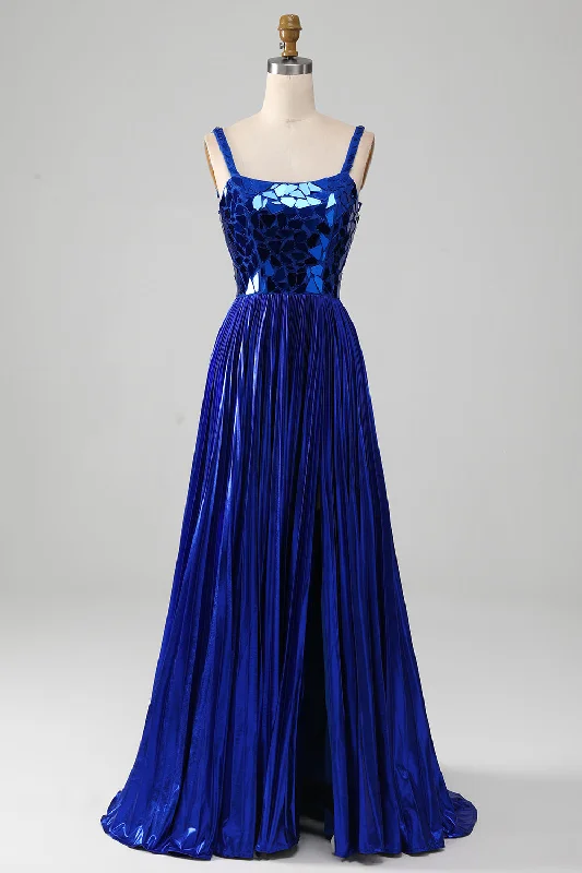 Clearance Sale: Women's Dresses Sparkly Lace-Up Back Royal Blue Prom Dress with Slit Clearance Sale: Women's Dresses Sparkly Lace-Up Back Royal Blue Prom Dress with Slit