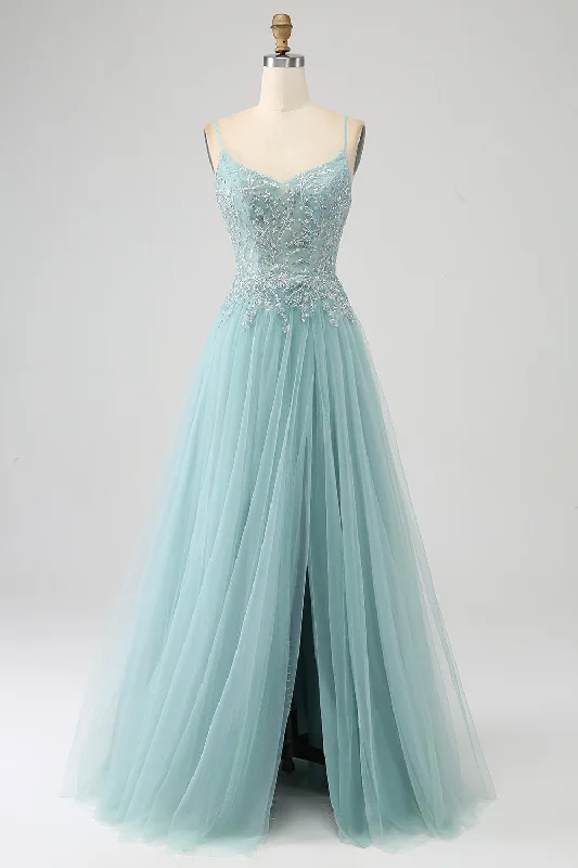 "Satin dresses for women for a luxurious appearance"Sparkly Light Green A-Line Sequin Applique Corset Prom Dress With Slit