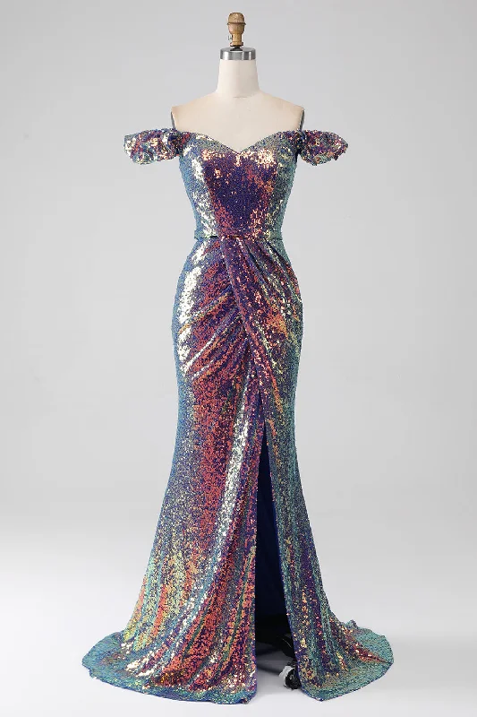 "Mermaid - style wedding dresses for women for a dramatic look"Sparkly Mermaid Off The Shoulder Purple Prom Dress with Slit "Mermaid - style wedding dresses for women for a dramatic look"Sparkly Mermaid Off The Shoulder Purple Prom Dress with Slit