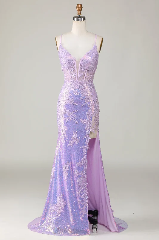 "Animal print dresses for women who love bold styles"Sparkly Mermaid Spaghetti Straps Purple Corset Prom Dress with Slit "Animal print dresses for women who love bold styles"Sparkly Mermaid Spaghetti Straps Purple Corset Prom Dress with Slit