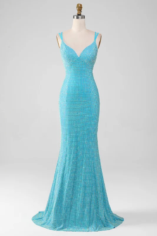"Sustainable and eco - friendly women's dresses"Sparkly Turquoise Mermaid Spaghetti Straps Long Prom Dress With Beading "Sustainable and eco - friendly women's dresses"Sparkly Turquoise Mermaid Spaghetti Straps Long Prom Dress With Beading