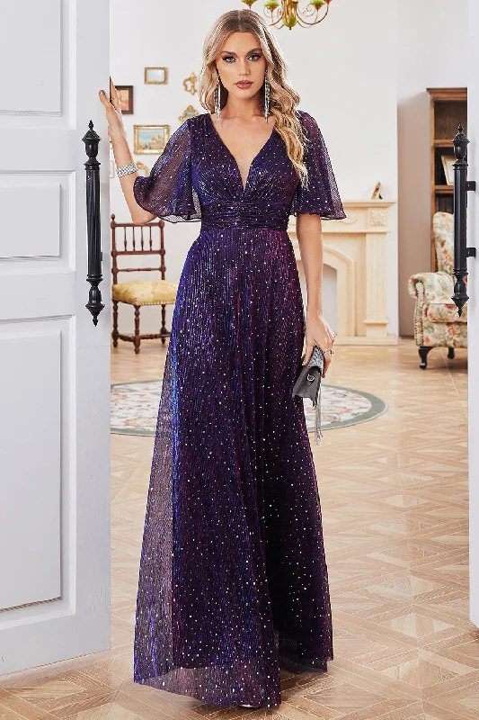 "Red dresses for women to make a bold statement"Sparkly V-Neck Purple Party Dress with Short Sleeves "Red dresses for women to make a bold statement"Sparkly V-Neck Purple Party Dress with Short Sleeves