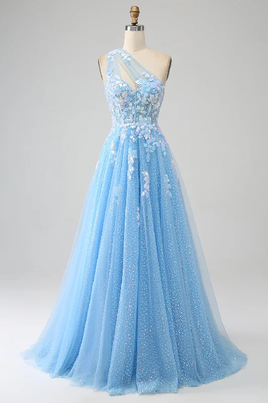 "Black tie dresses for women for formal galas"Stunning A Line One Shoulder Light Blue Long Tulle Prom Dress with Appliques "Black tie dresses for women for formal galas"Stunning A Line One Shoulder Light Blue Long Tulle Prom Dress with Appliques