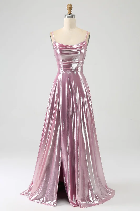 "Chiffon dresses for women with a flowy and light feel"Stunning A Line Spaghetti Straps Pink Long Prom Dress with Split Front "Chiffon dresses for women with a flowy and light feel"Stunning A Line Spaghetti Straps Pink Long Prom Dress with Split Front