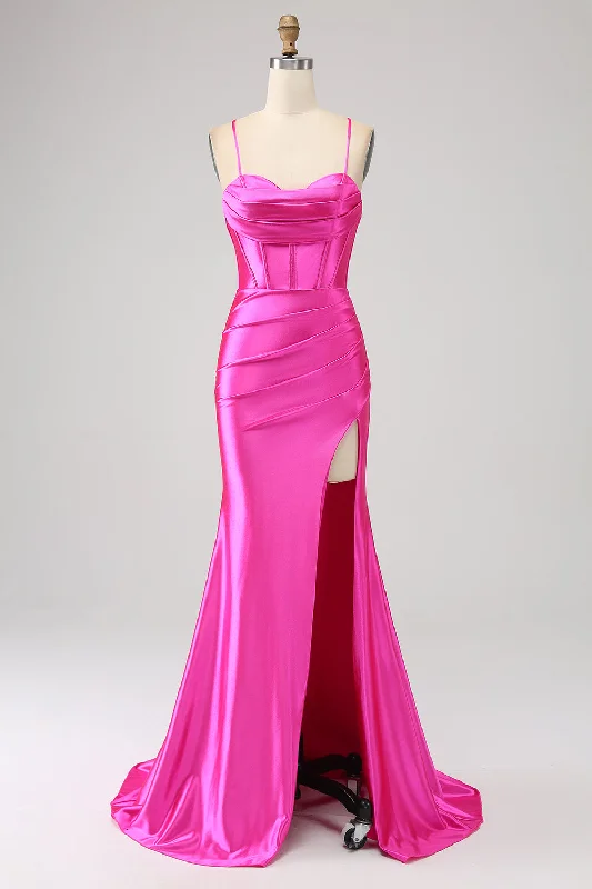 "Homecoming dresses for women to stand out"Stunning Mermaid Spaghetti Straps Fuchsia Corset Prom Dress with Split Front "Homecoming dresses for women to stand out"Stunning Mermaid Spaghetti Straps Fuchsia Corset Prom Dress with Split Front