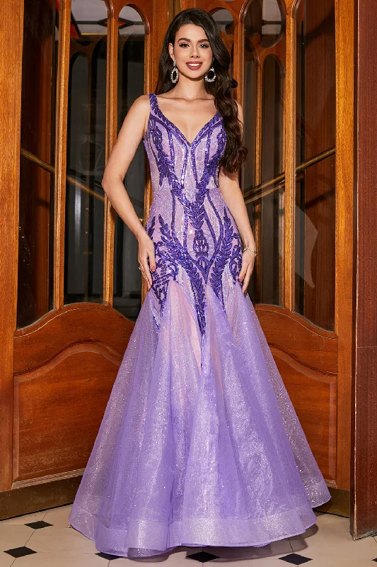 "Floral print dresses for women for a feminine look"Stunning Mermaid V Neck Purple Sequins Long Prom Dress with Open Back "Floral print dresses for women for a feminine look"Stunning Mermaid V Neck Purple Sequins Long Prom Dress with Open Back