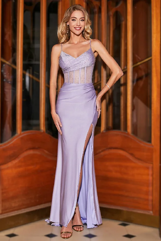 "Beach wedding dresses for women for a laid - back ceremony"Trendy Mermaid Spaghetti Straps Lilac Corset Prom Dress with Split Front "Beach wedding dresses for women for a laid - back ceremony"Trendy Mermaid Spaghetti Straps Lilac Corset Prom Dress with Split Front
