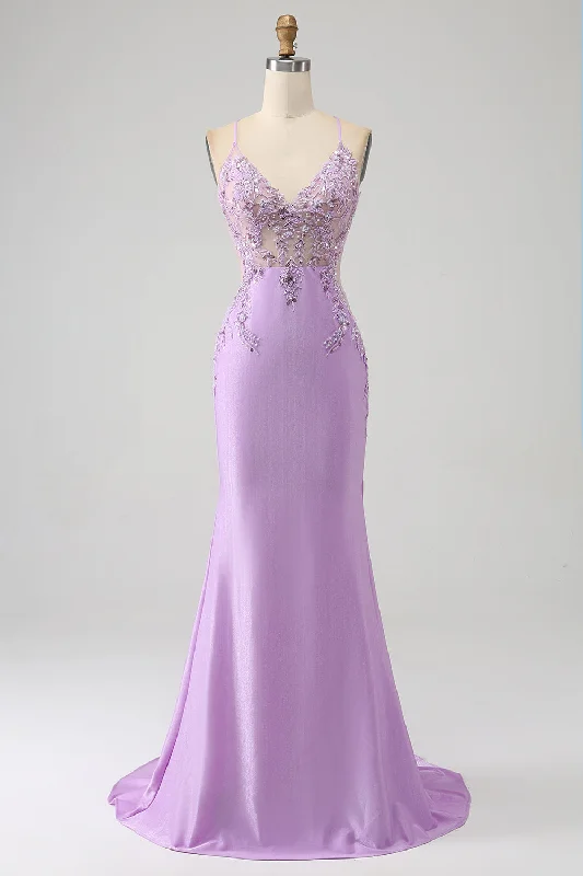 "Beach wedding dresses for women for a laid - back ceremony"Trendy Mermaid Spaghetti Straps Lilac Long Prom Dress with Appliques Beading "Beach wedding dresses for women for a laid - back ceremony"Trendy Mermaid Spaghetti Straps Lilac Long Prom Dress with Appliques Beading