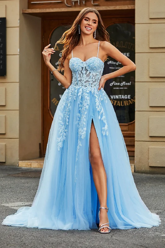 "Striped dresses for women with a classic touch"Tulle A-Line Spaghetti Straps Sky Blue Long Corset Prom Dress with Appliques "Striped dresses for women with a classic touch"Tulle A-Line Spaghetti Straps Sky Blue Long Corset Prom Dress with Appliques