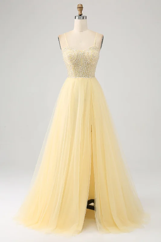 "New Arrivals Discount: 20% Off on Latest Women's Dress Collections"Tulle Beaded Light Yellow Prom Dress with Slit "New Arrivals Discount: 20% Off on Latest Women's Dress Collections"Tulle Beaded Light Yellow Prom Dress with Slit