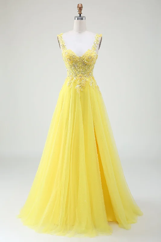 "Red dresses for women to make a bold statement"Tulle Beaded Yellow Corset Prom Dress with Slit "Red dresses for women to make a bold statement"Tulle Beaded Yellow Corset Prom Dress with Slit