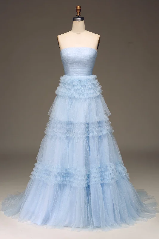 "Sustainable and eco - friendly women's dresses"Tulle Light Blue Tiered Prom Dress with Slit "Sustainable and eco - friendly women's dresses"Tulle Light Blue Tiered Prom Dress with Slit