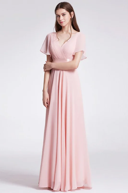 "Ruffled dresses for women for added femininity"V Neck Pink Bridesmaid Dress with Ruffles "Ruffled dresses for women for added femininity"V Neck Pink Bridesmaid Dress with Ruffles