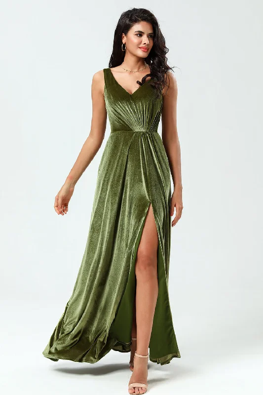 "Elegant wedding guest dresses for women under $100"V-Neck Sleeveless A Line Olive Velvet Bridesmaid Dress with Slit "Elegant wedding guest dresses for women under $100"V-Neck Sleeveless A Line Olive Velvet Bridesmaid Dress with Slit