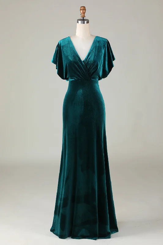 "Bohemian - style women's dresses for music festivals"Velvet V-Neck Peacock Bridesmaid Dress with Ruffles "Bohemian - style women's dresses for music festivals"Velvet V-Neck Peacock Bridesmaid Dress with Ruffles