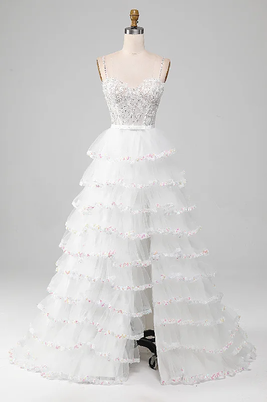 Clearance Sale: Women's Dresses White A-Line Sparkly Sequin Ruffle Skirt Corset Prom Dress With Slit Clearance Sale: Women's Dresses White A-Line Sparkly Sequin Ruffle Skirt Corset Prom Dress With Slit