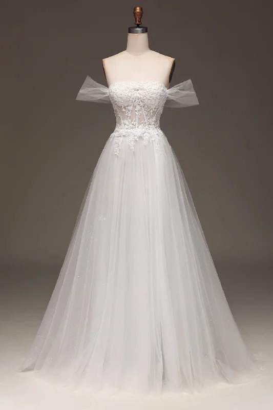 "Beaded dresses for women for a glamorous look"White Off the Shoulder A Line Corset Wedding Dress with Appliques "Beaded dresses for women for a glamorous look"White Off the Shoulder A Line Corset Wedding Dress with Appliques