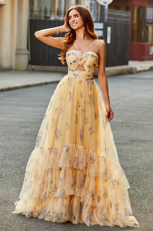 "Chiffon dresses for women with a flowy and light feel"Yellow A-Line Halter Pleated Tulle Tiered Long Prom Dress With Embroidery "Chiffon dresses for women with a flowy and light feel"Yellow A-Line Halter Pleated Tulle Tiered Long Prom Dress With Embroidery