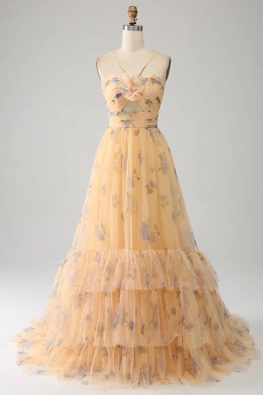 "T - shirt dresses for women for ultimate comfort"Yellow A-Line Halter Pleated Tulle Tiered Prom Dress With Embroidery "T - shirt dresses for women for ultimate comfort"Yellow A-Line Halter Pleated Tulle Tiered Prom Dress With Embroidery