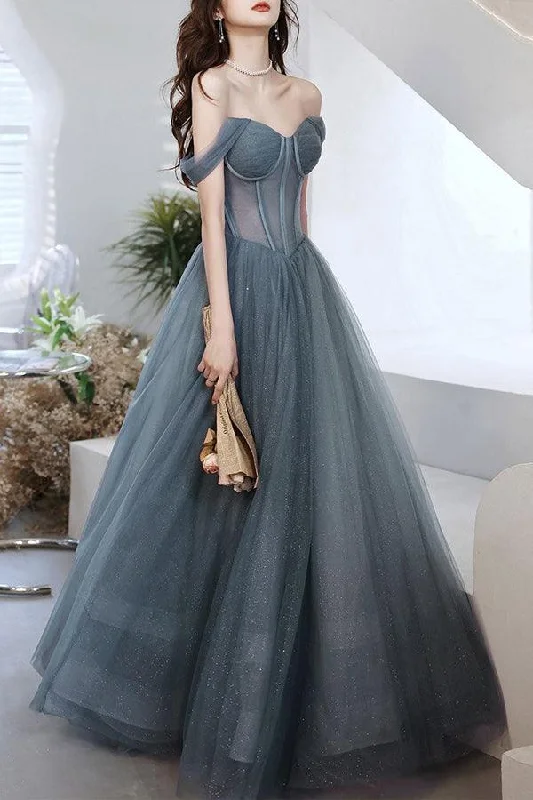 "Ruffled dresses for women for added femininity"A-line Gray Tulle Long Prom Dress Off The Shoulder Evening Dress PSK287 "Ruffled dresses for women for added femininity"A-line Gray Tulle Long Prom Dress Off The Shoulder Evening Dress PSK287