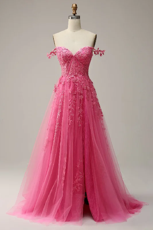"Plus size wedding dresses for women with a perfect fit"A Line Off the Shoulder Hot Pink Long Prom Dress with Appliques "Plus size wedding dresses for women with a perfect fit"A Line Off the Shoulder Hot Pink Long Prom Dress with Appliques