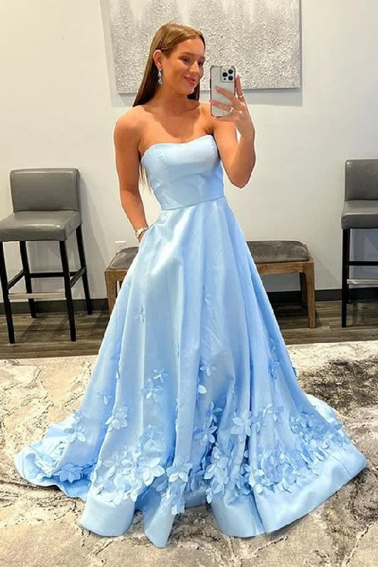 "Off - shoulder dresses for women to show off collarbones"A-line Strapless Sky Blue Floral Long Prom Dresses Formal Dresses PSK302 "Off - shoulder dresses for women to show off collarbones"A-line Strapless Sky Blue Floral Long Prom Dresses Formal Dresses PSK302