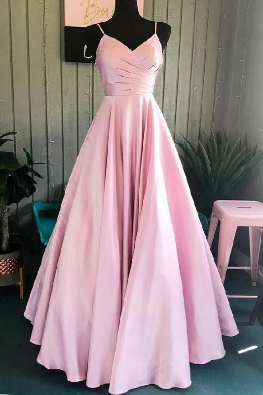 "Graduation dresses for women to celebrate in style"A Line V Neck Pink Spaghetti Straps Satin Prom Dresses Formal Dresses PSK282 "Graduation dresses for women to celebrate in style"A Line V Neck Pink Spaghetti Straps Satin Prom Dresses Formal Dresses PSK282