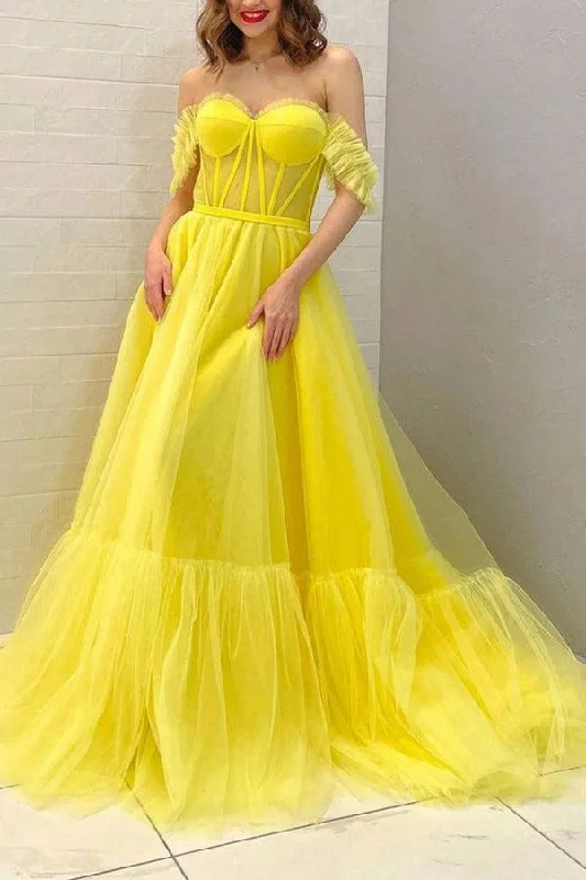 "Sleeveless dresses for women during hot summer days"A-line Yellow Off The Shoulder Tulle Long Prom Dress Evening Dress PSK294 "Sleeveless dresses for women during hot summer days"A-line Yellow Off The Shoulder Tulle Long Prom Dress Evening Dress PSK294