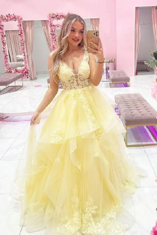 "Stylish cocktail dresses for women on a budget"A-line Yellow V Neck Tulle Lace Long Prom Dress Evening Dress PSK284 "Stylish cocktail dresses for women on a budget"A-line Yellow V Neck Tulle Lace Long Prom Dress Evening Dress PSK284