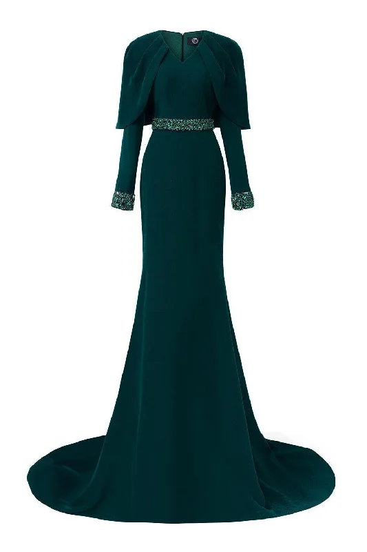 "Designer - inspired women's evening dresses"Ailani Mermaid Cape Shoulder Crepe Extra Long Length Dress "Designer - inspired women's evening dresses"Ailani Mermaid Cape Shoulder Crepe Extra Long Length Dress