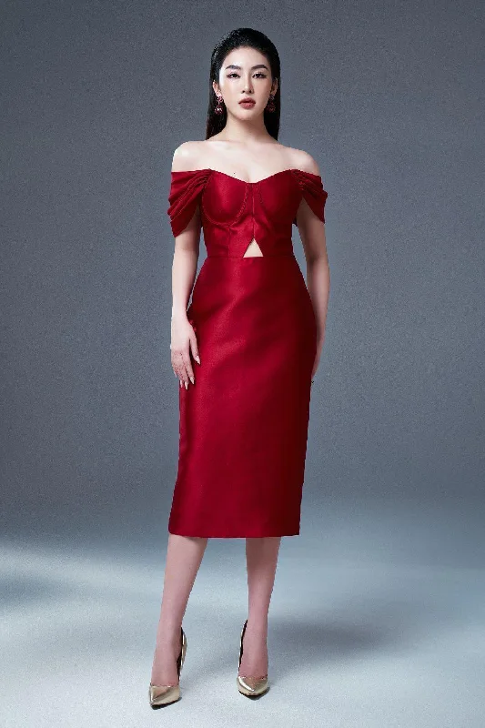"Homecoming dresses for women to stand out"Babie Pencil Open Shoulder Taffeta Midi Dress "Homecoming dresses for women to stand out"Babie Pencil Open Shoulder Taffeta Midi Dress