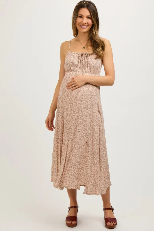 "New Arrivals Discount: 20% Off on Latest Women's Dress Collections"Beige Ditsy Floral Side Slit Maternity Midi Dress "New Arrivals Discount: 20% Off on Latest Women's Dress Collections"Beige Ditsy Floral Side Slit Maternity Midi Dress