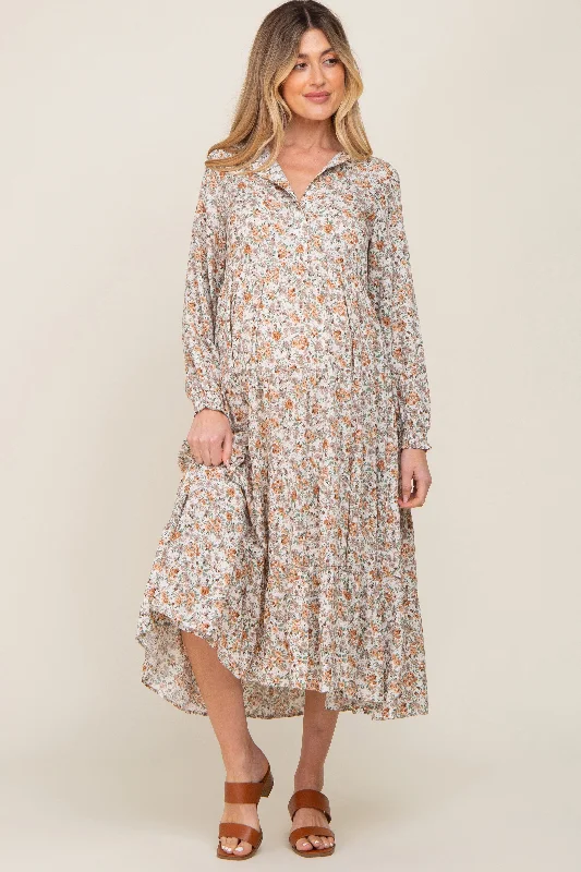 "Limited - Time Offer: Up to 50% Off on Women's Dresses!"Beige Floral Button Front Long Sleeve Tiered Maternity Midi Dress