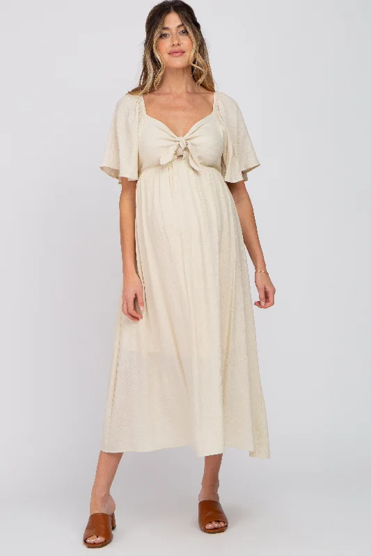 "A - line dresses for women to flatter the figure"Beige Front Tie Ruffle Sleeve Maternity Midi Dress "A - line dresses for women to flatter the figure"Beige Front Tie Ruffle Sleeve Maternity Midi Dress